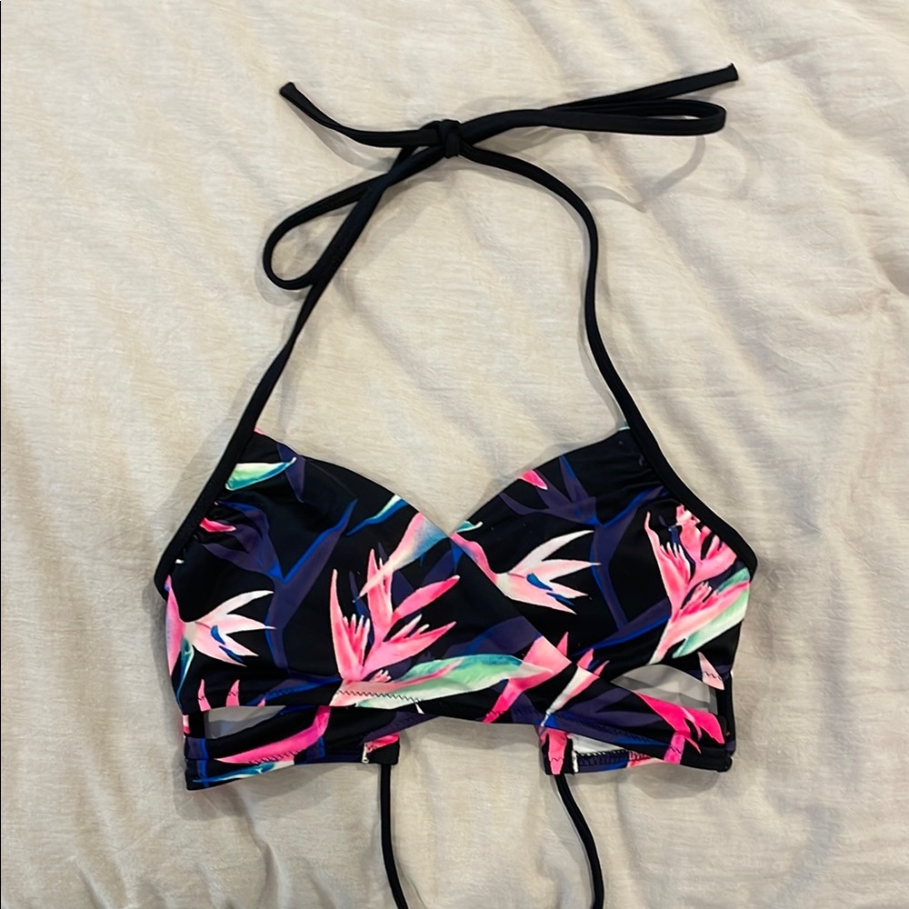PINK Victoria's Secret Black and Pink Tropical Bikini Top
